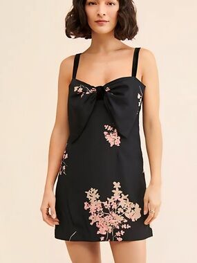 Free People Tie A Bow Mini Dress Black Floral Velvet Smocked very rare Sz. Large
